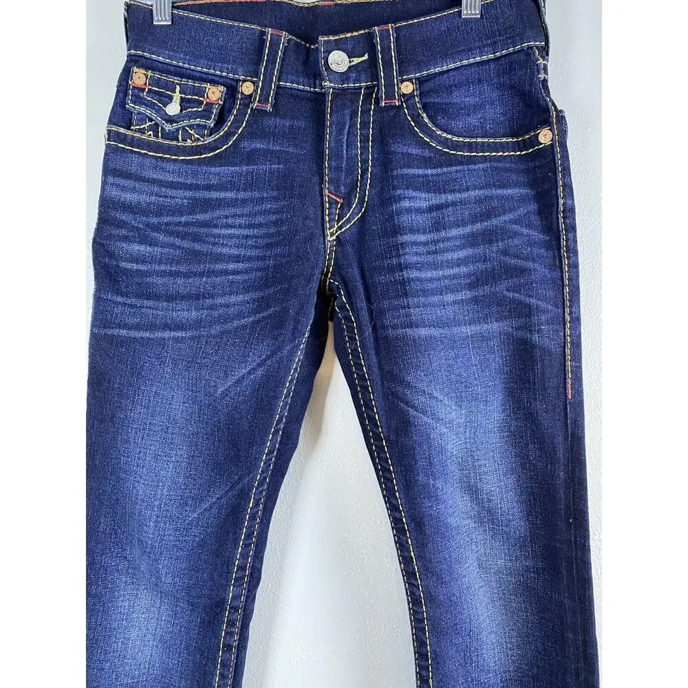 NWOT True Religion Sz 29 Mens Slim Fit Ferd Flap OM Big T Red Dk Blue Jeans